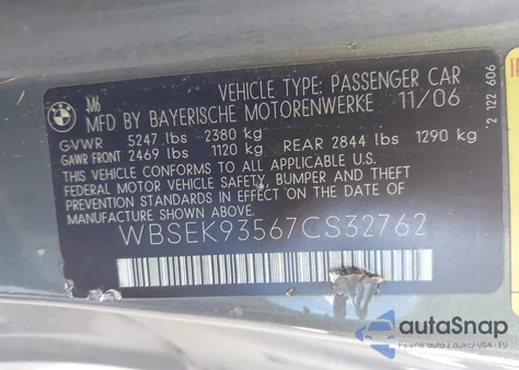 2007 BMW M6 z USA, uszkodzony, nr VIN WBSEK93567CS32762